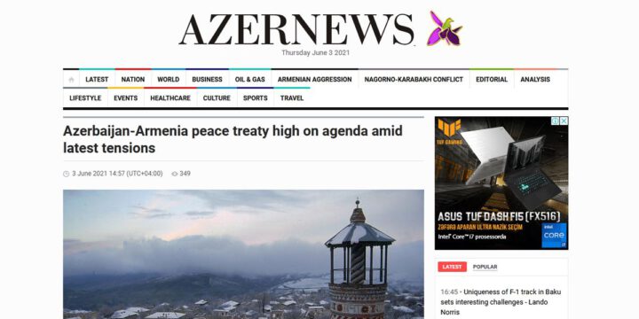 “Azernews” qəzetində Azərbaycan və Ermənistan arasında sülh müqaviləsinin zəruriliyi ilə bağlı məqalə dərc olunub