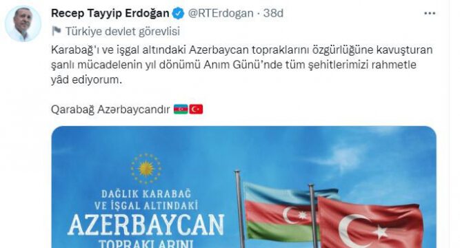 Türkiyə Prezidenti Anım Günü ilə bağlı paylaşım edib