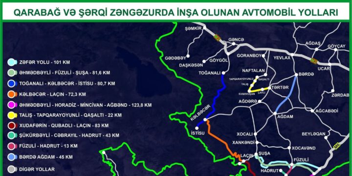 Qarabağ və Şərqi Zəngəzurda çəkilən yolların xəritəsi açıqlandı