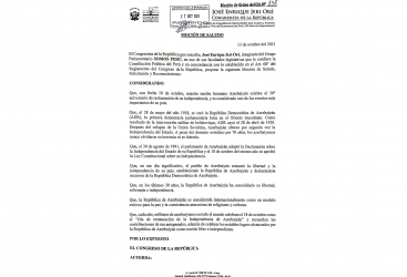 Peru Konqresi Azərbaycanın müstəqilliyinin bərpasının 30 illiyi ilə əlaqədar bəyanat qəbul edib