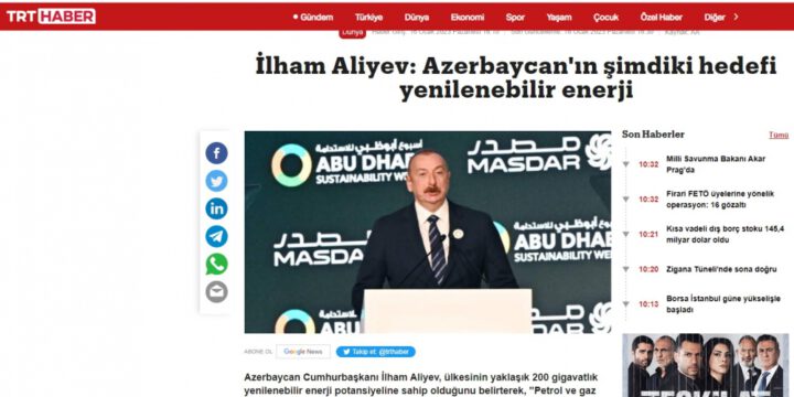 Azərbaycan Prezidentinin Əbu-Dabidəki çıxışı Türkiyə mediasında geniş işıqlandırılıb