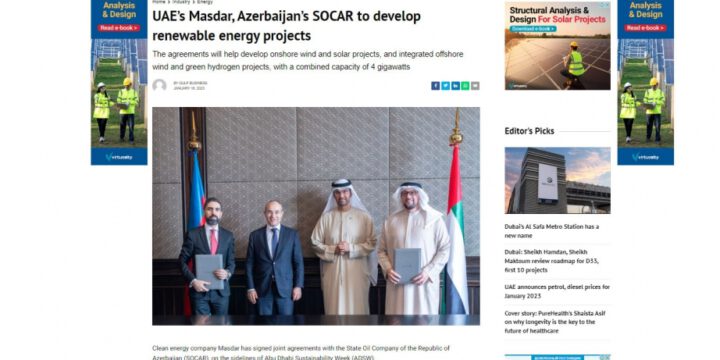 “Gulf Business” portalı “Masdar” şirkətinin SOCAR-la bərpaolunan enerji üzrə əməkdaşlığından yazıb