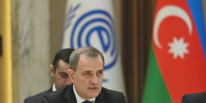 Ceyhun Bayramov Özbəkistanda İqtisadi Əməkdaşlıq Təşkilatının Nazirlər Şurasının iclasında çıxış edir