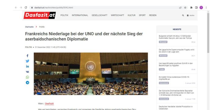 Avstriya mətbuatında Fransanın BMT-də məğlubiyyəti və Azərbaycan diplomatiyasının növbəti qələbəsi barədə məqalə dərc edilib