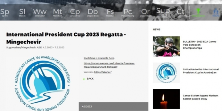 International President Cup in Azerbaijan put onto calendar plan of European Canoe Association