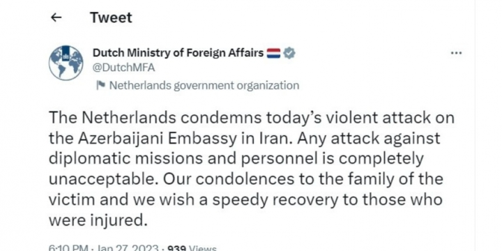 Netherlands condemns violent attack on Azerbaijani embassy in Iran