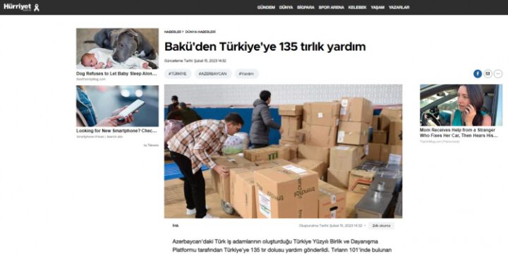 Azərbaycanın Türkiyəyə yardımı qardaş ölkə KİV-lərinin diqqət mərkəzindədir