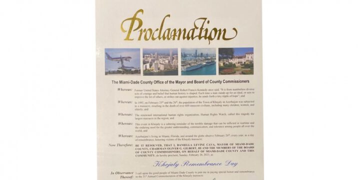 ABŞ-ın Mayami-Deyd dairəsinin rəhbərliyi 26 fevral tarixini Xocalının Anım Günü elan edib