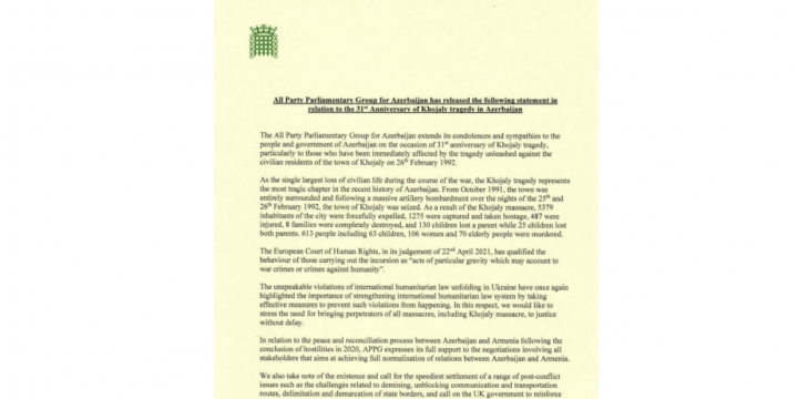 Britaniyalı deputatlar: Xocalı qətliamının günahkarları ədalət qarşısına çıxarılmalıdır