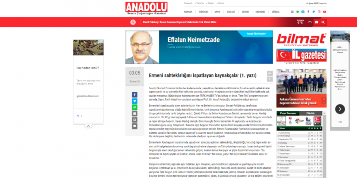 “Anadolu” qəzeti erməni saxtakarlığını sübut edən mənbələrdən yazıb