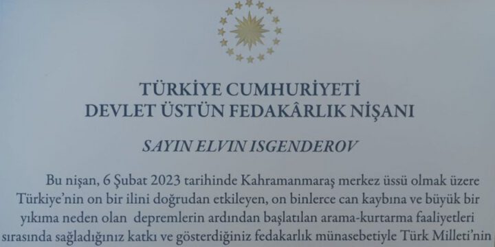 Fövqəladə Hallar Nazirliyinin xilasedicisi Türkiyə dövləti tərəfindən təltif olunub