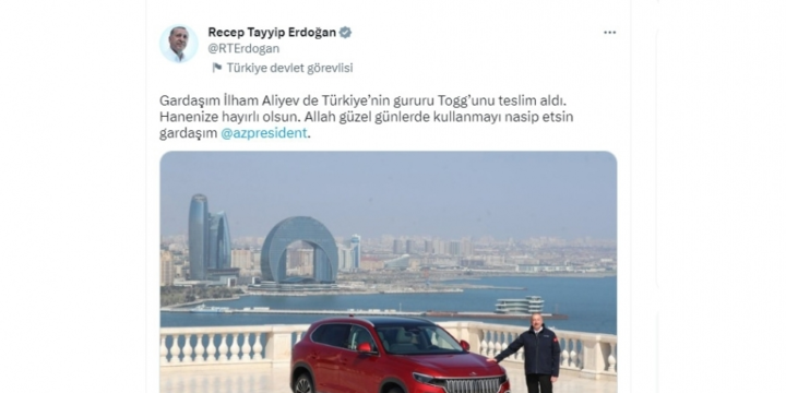 President of Türkiye makes Twitter post on presentation of Togg electric car to President of Azerbaijan