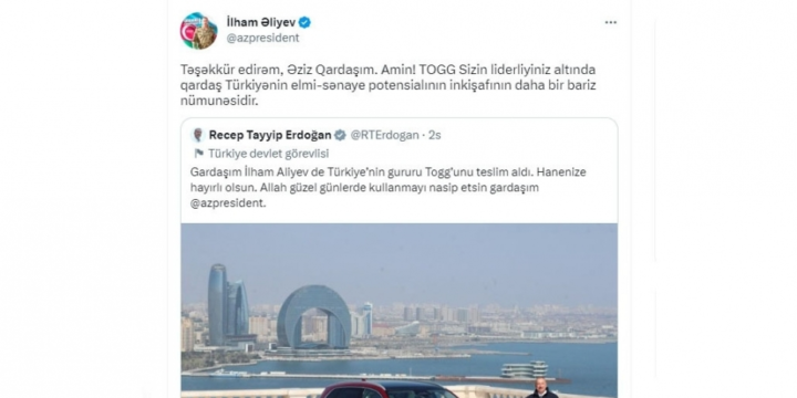 President Ilham Aliyev expressed gratitude to Turkish President Recep Tayyip Erdogan in his Twitter post