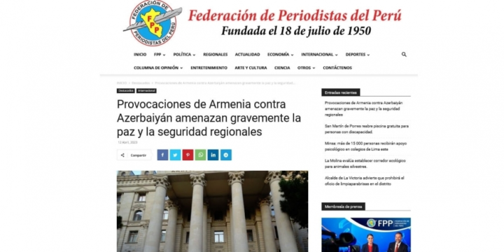 Peruvian portal condemns Armenia’s latest military provocation against Azerbaijan