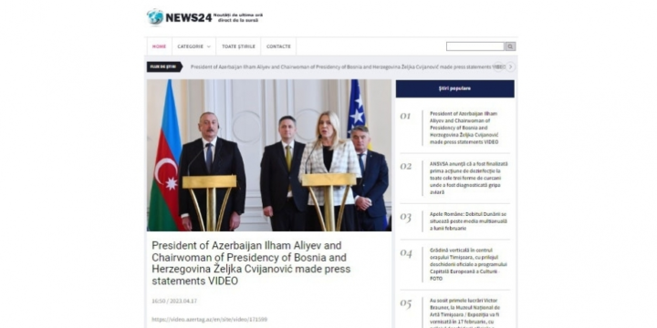 Romanian news portal highlights President Ilham Aliyev`s visit to Bosnia and Herzegovina