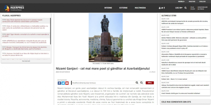 Romania’s “Agerpres” news agency highlights Nizami Ganjavi`s creativity