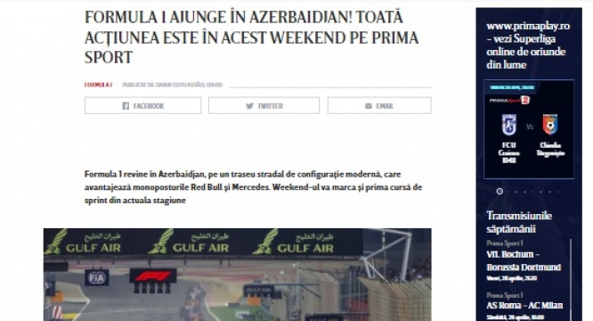 Rumıniya KİV-ləri Formula 1 Azərbaycan Qran-Prisindən yazıb