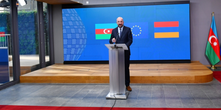 President of European Council Charles Michel makes press remarks following meeting with President Ilham Aliyev and Prime Minister Nikol Pashinyan