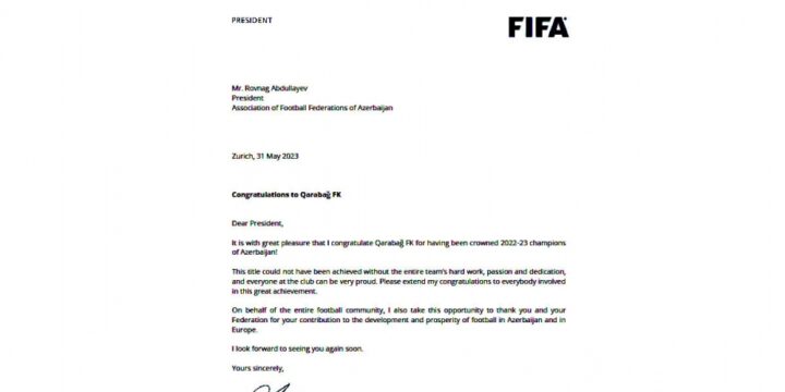 FIFA-nın prezidenti “Qarabağ” klubunu təbrik edib