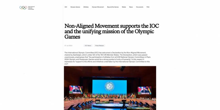 Beynəlxalq Olimpiya Komitəsi Qoşulmama Hərəkatının Bakı Bəyannaməsini alqışlayıb