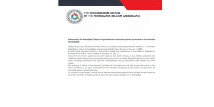 Niderland-Belçika Azərbaycanlıları Koordinasiya Şurası Ermənistanı mina terrorizmində ittiham edib