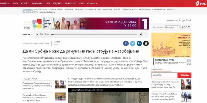 “RTS” telekanalı: Serbiya Azərbaycanın enerji resurslarının bu ölkəyə mümkün idxalına ümid bəsləyir