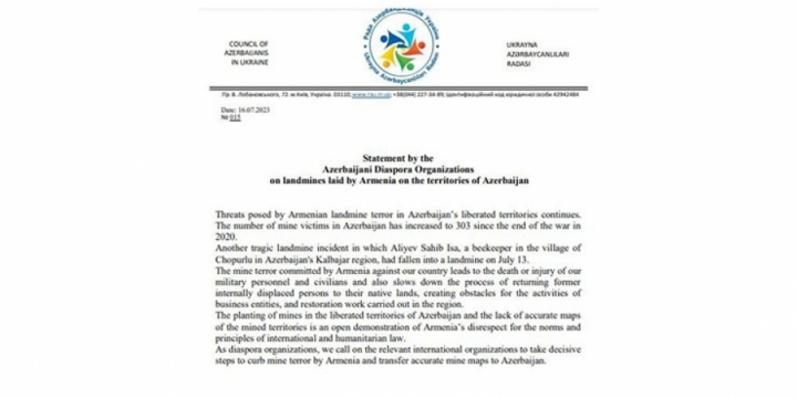 Ukrayna Azərbaycanlıları Radası beynəlxalq ictimaiyyətdən Ermənistana təzyiq göstərilməsini tələb edib