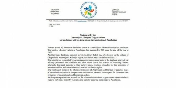 Rada of Ukrainian Azerbaijanis calls international community to bring pressure to bear on Armenia