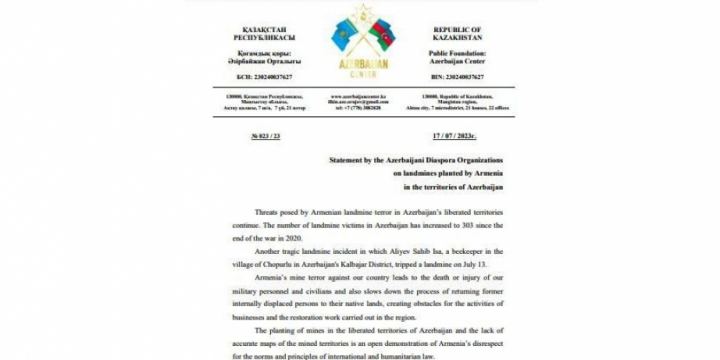 Aktaudakı “Azərbaycan Mərkəzi” mina terroru ilə bağlı beynəlxalq təşkilatlara müraciət edib