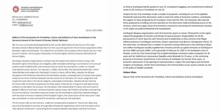 İsveçrədəki icmamız: Avropa Şurasının Baş katibinin Laçın yolu ilə bağlı açıqlaması böyük təəssüf doğurur