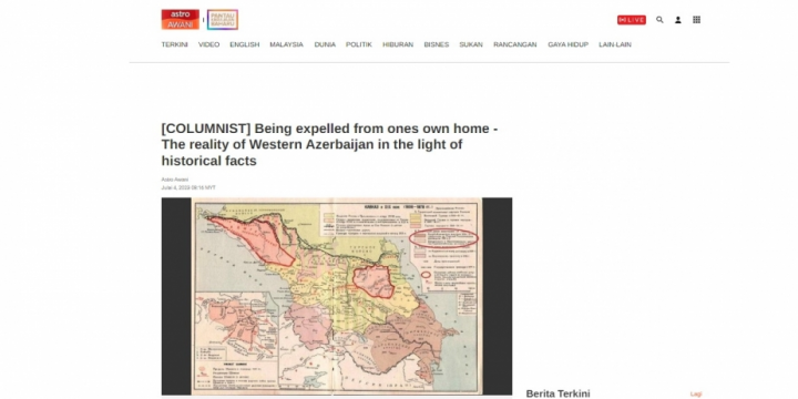 Malayziya qəzeti Qərbi Azərbaycan mövzusundan yazıb