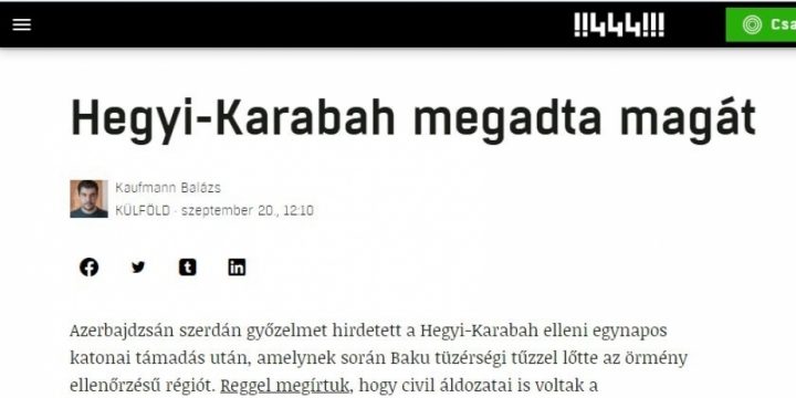 Macarıstan mediası erməni hərbi birləşmələrinin kapitulyasiyasından yazır