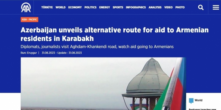 Anadolu Agency: Azerbaijan unveils alternative route for aid to Armenian residents in Karabakh