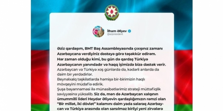 President Ilham Aliyev thanked Recep Tayyip Erdogan