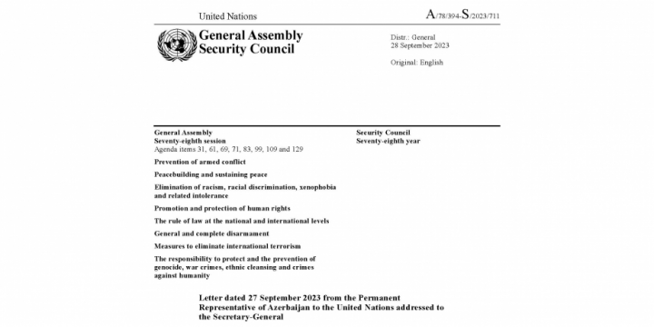 Ceyhun Bayramovun BMT Baş katibinə məktubu Təhlükəsizlik Şurasının və Baş Assambleyanın sənədləri qismində yayılıb