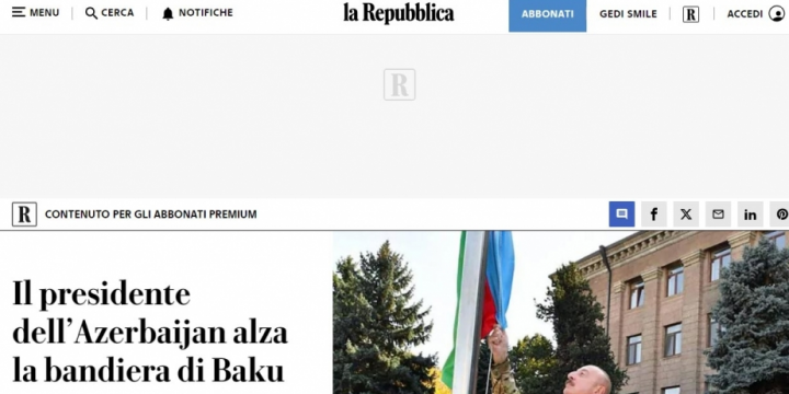 İtaliya qəzeti: Prezident İlham Əliyev Xankəndidə Azərbaycanın Dövlət Bayrağını ucaldıb