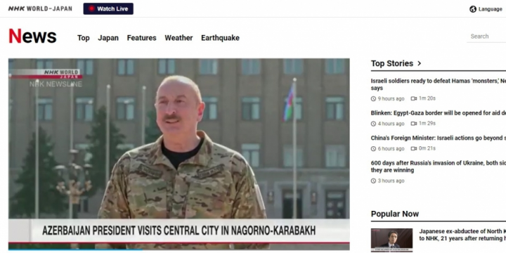 Yaponiyanın NHK kanalı Azərbaycan Prezidentinin Xankəndiyə səfəri barədə süjet yayımlayıb