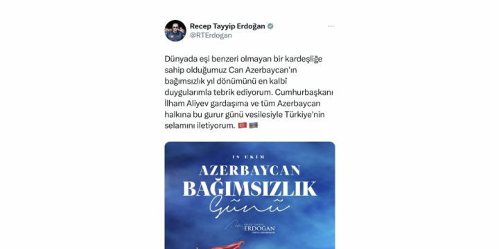 Turkish President Recep Tayyip Erdogan congratulates Azerbaijan on Restoration of Independence Day