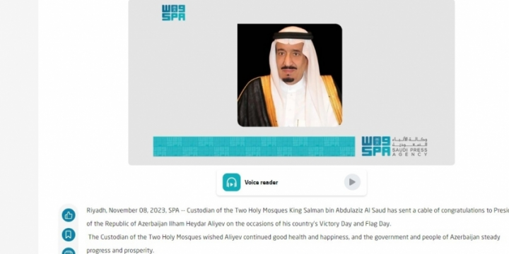 King of Saudi Arabia congratulates President of Azerbaijan on Victory and National Flag Days