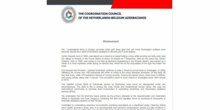 Niderland-Belçika Azərbaycanlıları Koordinasiya Şurası beynəlxalq ictimaiyyətə müraciət edib