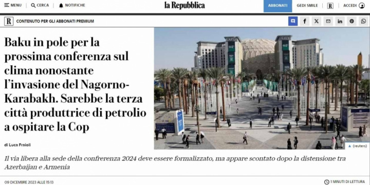 İtaliya qəzeti Azərbaycanın COP29-a ev sahibliyi edəcəyindən yazıb