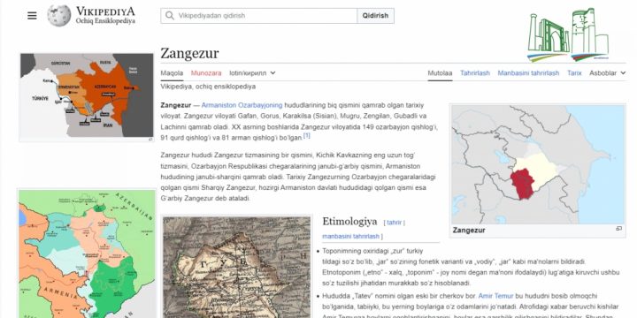 “Wikipediya”da özbək dilində Zəngəzur adlı bölmə istifadəyə verilib