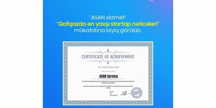 “ASAN xidmət” növbəti beynəlxalq mükafata layiq görülüb