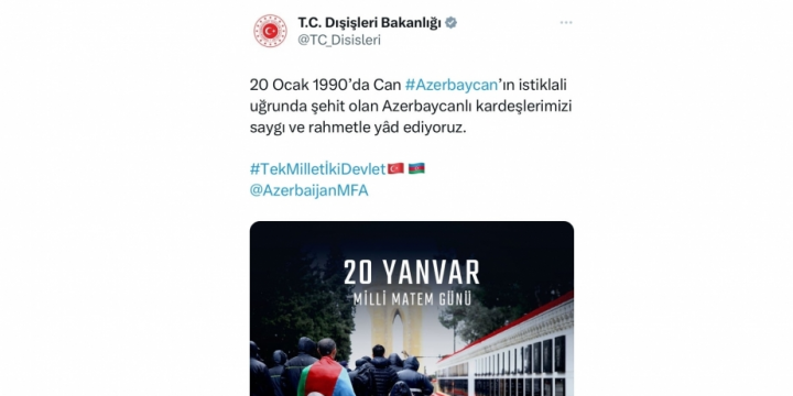 Turkish MFA pays tribute to Azerbaijani martyrs