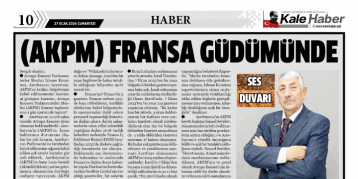 Türkiyəli jurnalistin “AŞPA Fransanın nəzarəti altında” sərlövhəli məqaləsi yayımlanıb