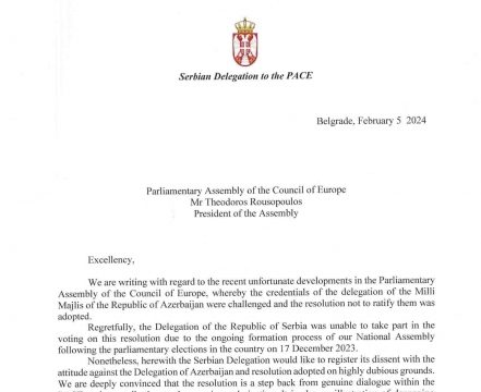 Serbian delegation to PACE objects resolution adopted by Assembly regarding Azerbaijani delegation