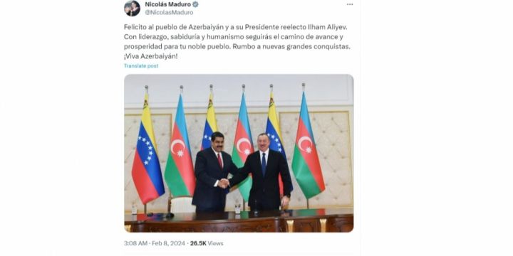 Venezuelan President Nicolas Maduro congratulates President Ilham Aliyev on his victory in elections