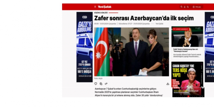 “Yeni Şafak” qəzeti Azərbaycanda keçiriləcək Prezident seçkiləri ilə bağlı məqalə dərc edib