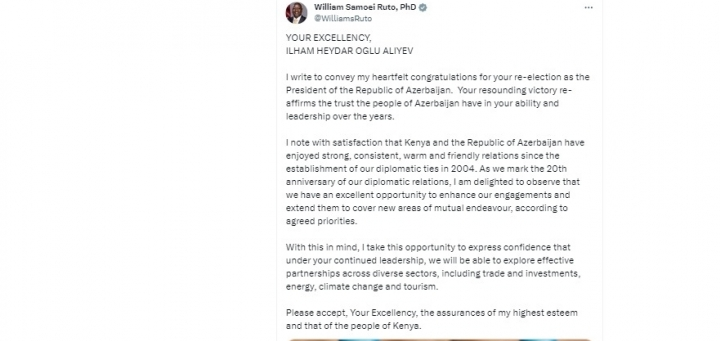 President of Kenya congratulates Ilham Aliyev on his victory in presidential election