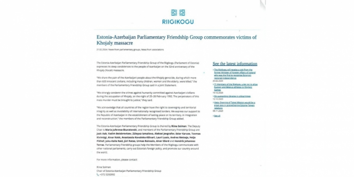Estonia-Azerbaijan Parliamentary Friendship Group issues statement on 32nd anniversary of Khojaly Genocide